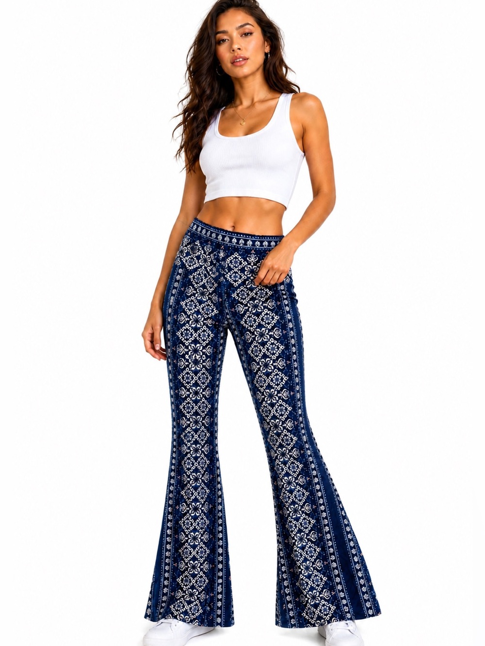Boho High-Waisted Flare Tile-Print Navy Flare Pants Size Medium